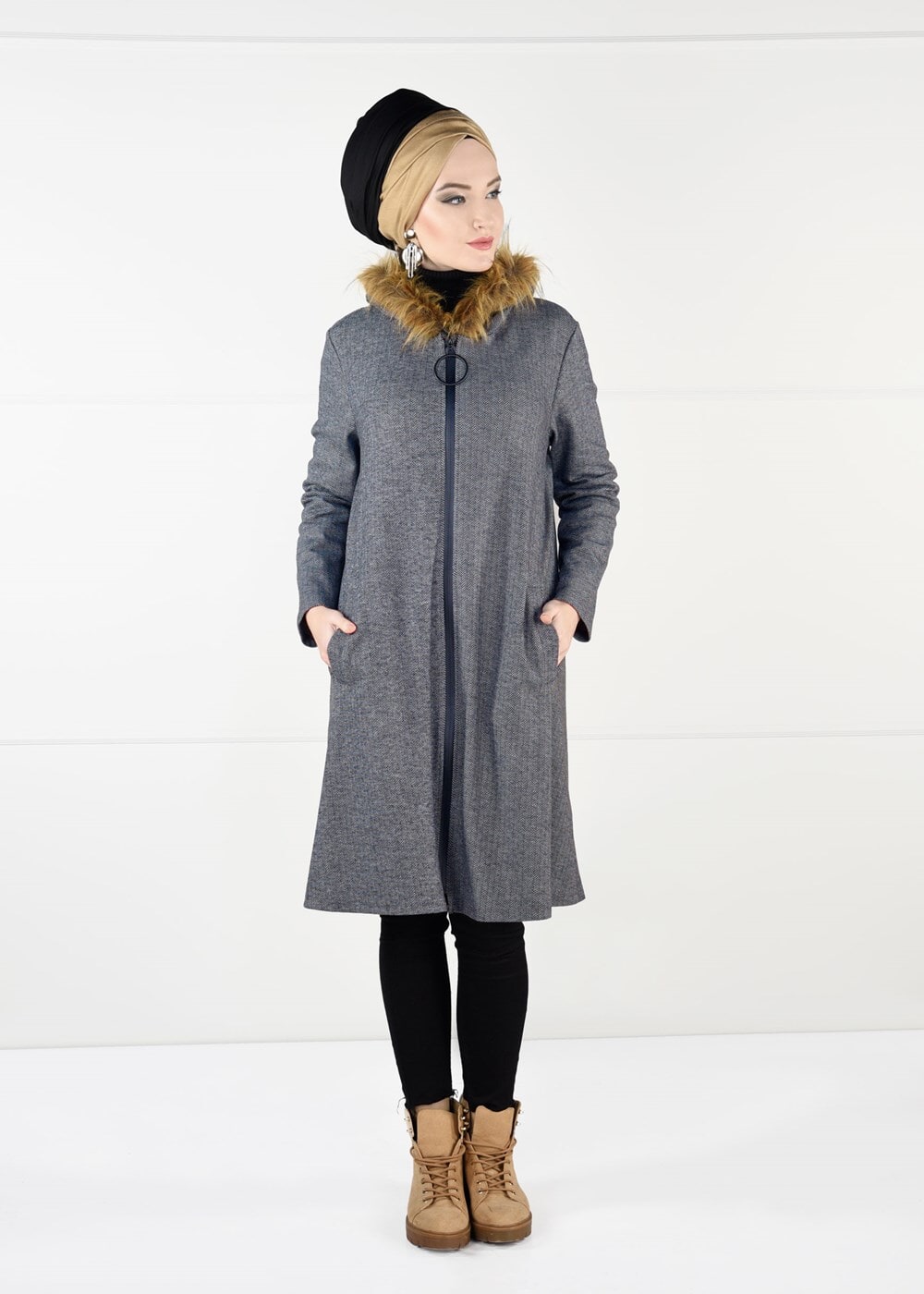 Tesettür giyim GRİ BALIKSIRTI DESENLİ CEKET 59451