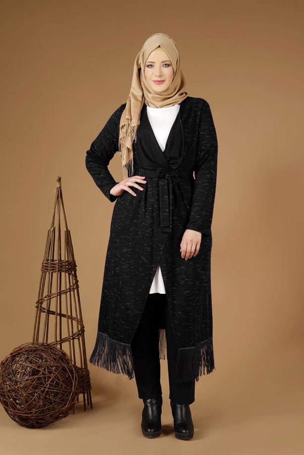 Vêtements hijab NOIR CARDIGAN EN COTON PEIGNE AVEC FRANGES 2643 - TRENDTESETTÜR