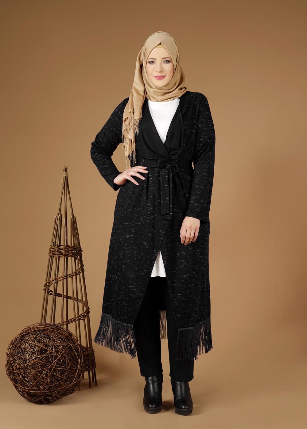 Hijab clothing BLACK FRINGE DETAIL COMBED COTTON CARDIGAN 2643