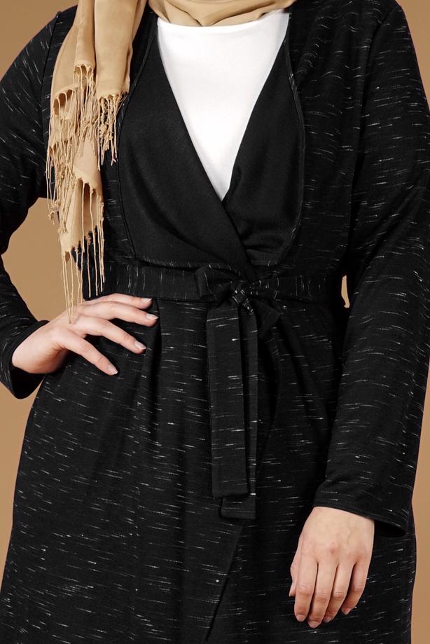 Vêtements hijab NOIR CARDIGAN EN COTON PEIGNE AVEC FRANGES 2643 - TRENDTESETTÜR