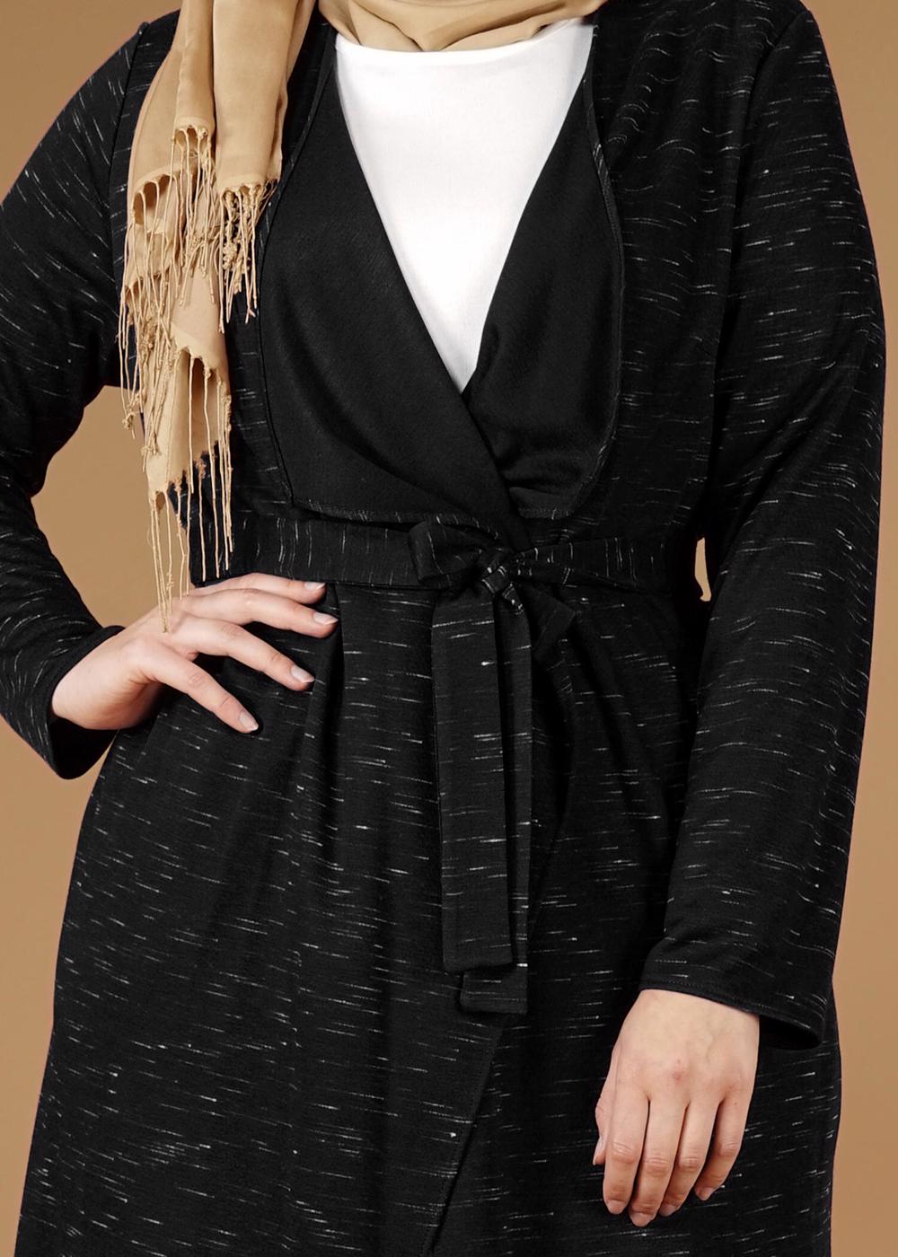Hijab clothing BLACK FRINGE DETAIL COMBED COTTON CARDIGAN 2643