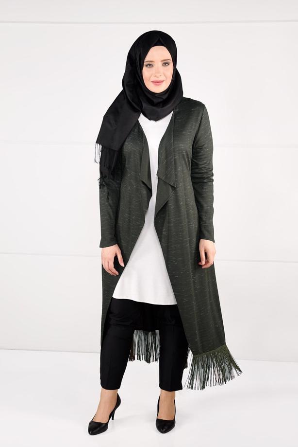 Tesettür giyim HAKİ PÜSKÜLLÜ PENYE HIRKA 2643	 - TRENDTESETTÜR