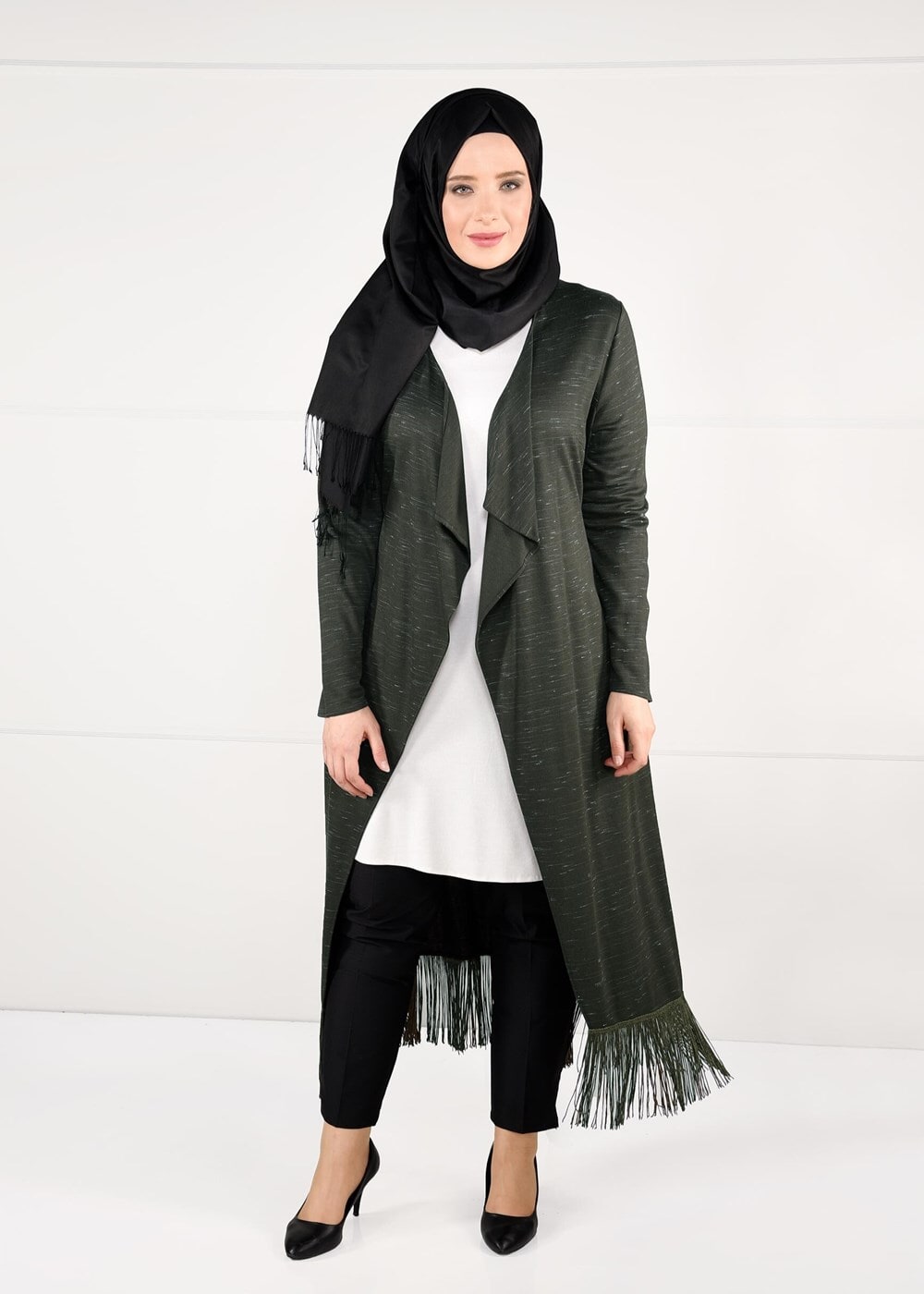 Hijab clothing KHAKI FRINGE DETAIL COMBED COTTON CARDIGAN 2643 