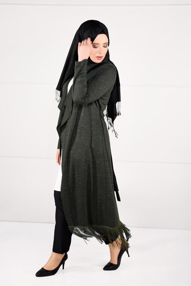 Vêtements hijab KAKI CARDIGAN EN COTON PEIGNE AVEC FRANGES 2643 - TRENDTESETTÜR