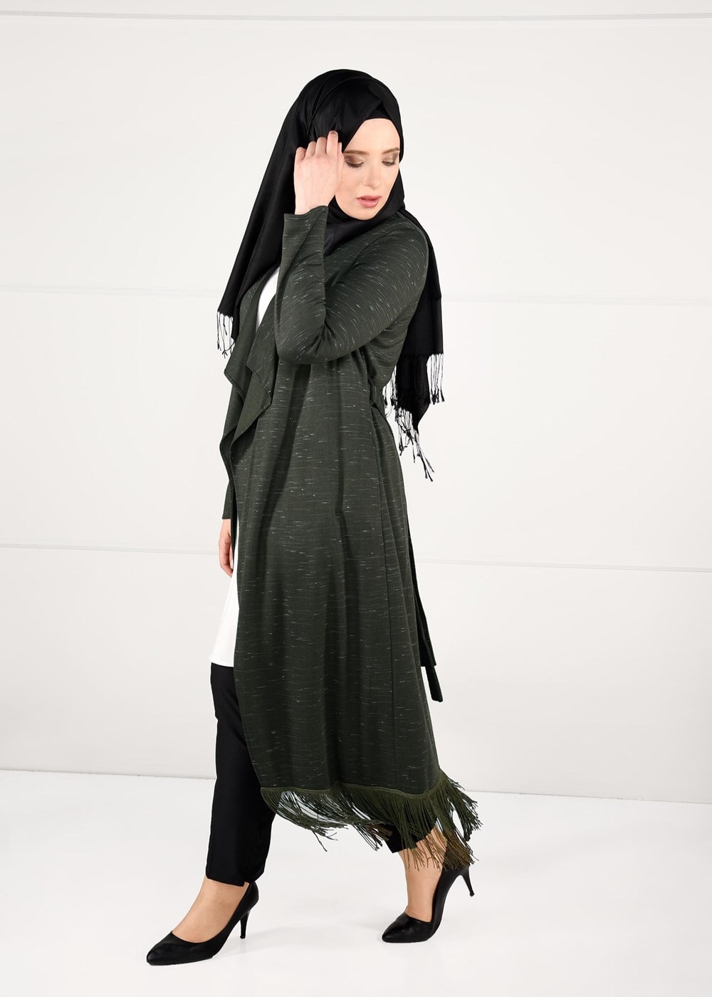Hijab clothing KHAKI FRINGE DETAIL COMBED COTTON CARDIGAN 2643 