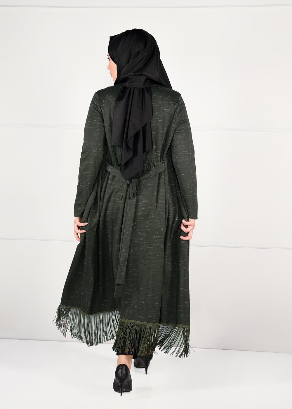 Hijab clothing KHAKI FRINGE DETAIL COMBED COTTON CARDIGAN 2643 