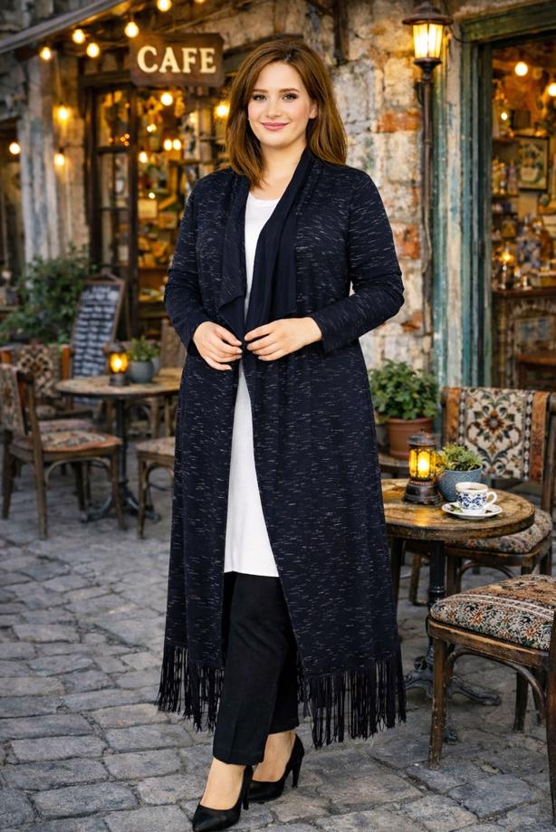 Vêtements hijab BLEU MARINE CARDIGAN EN COTON PEIGNE AVEC FRANGES T 2643 - TRENDTESETTÜR