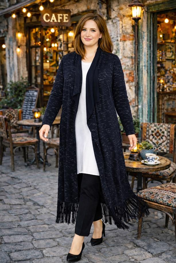 Vêtements hijab BLEU MARINE CARDIGAN EN COTON PEIGNE AVEC FRANGES T 2643 - TRENDTESETTÜR