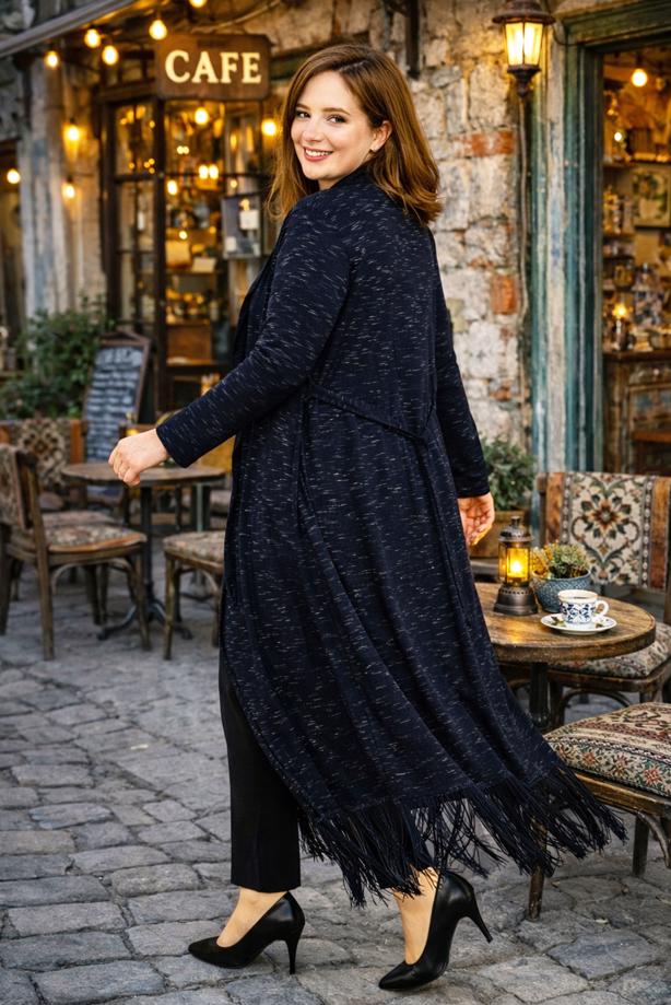 Vêtements hijab BLEU MARINE CARDIGAN EN COTON PEIGNE AVEC FRANGES T 2643 - TRENDTESETTÜR