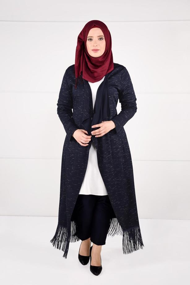 Vêtements hijab BLEU MARINE CARDIGAN EN COTON PEIGNE AVEC FRANGES 2643 - TRENDTESETTÜR