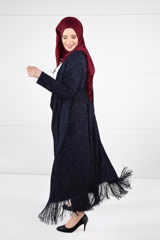 Vêtements hijab BLEU MARINE CARDIGAN EN COTON PEIGNE AVEC FRANGES 2643 - TRENDTESETTÜR