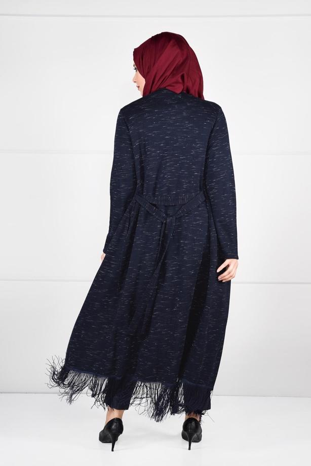 Vêtements hijab BLEU MARINE CARDIGAN EN COTON PEIGNE AVEC FRANGES 2643 - TRENDTESETTÜR