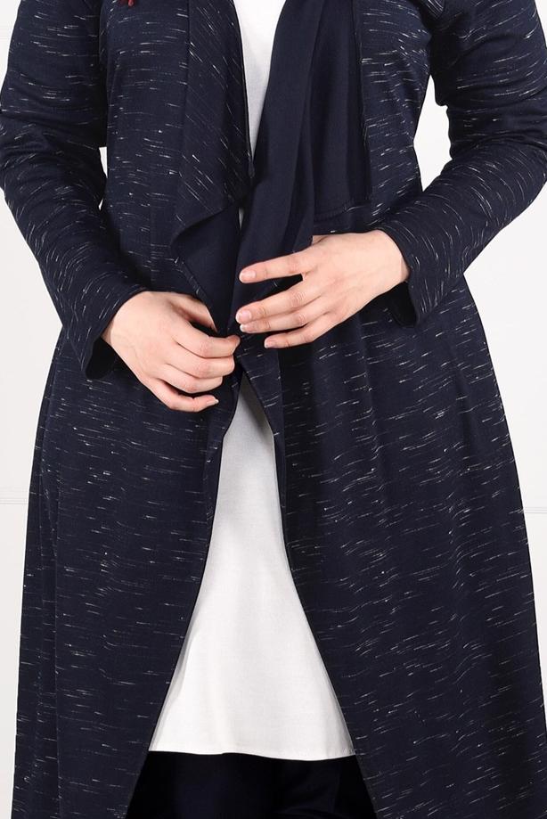 Vêtements hijab BLEU MARINE CARDIGAN EN COTON PEIGNE AVEC FRANGES 2643 - TRENDTESETTÜR