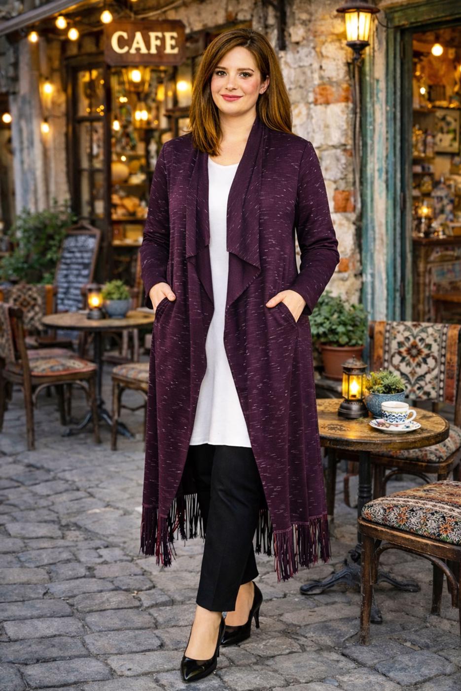 Vêtements hijab POURPRE CARDIGAN EN COTON PEIGNE AVEC FRANGES T 2643