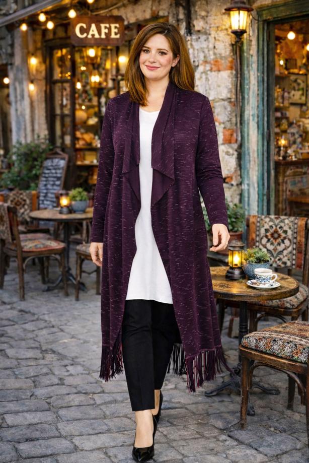 Vêtements hijab POURPRE CARDIGAN EN COTON PEIGNE AVEC FRANGES T 2643 - TRENDTESETTÜR