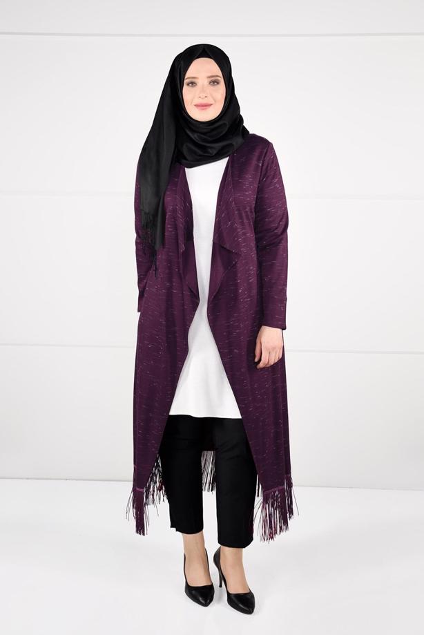 Tesettür giyim MOR PÜSKÜLLÜ PENYE HIRKA 2643	 - TRENDTESETTÜR