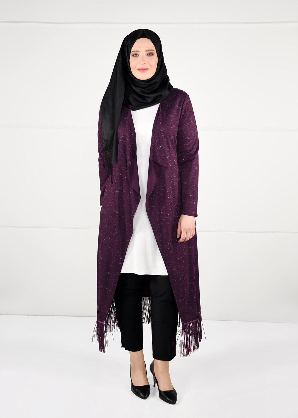Hijab clothing PURPLE FRINGE DETAIL COMBED COTTON CARDIGAN 2643 