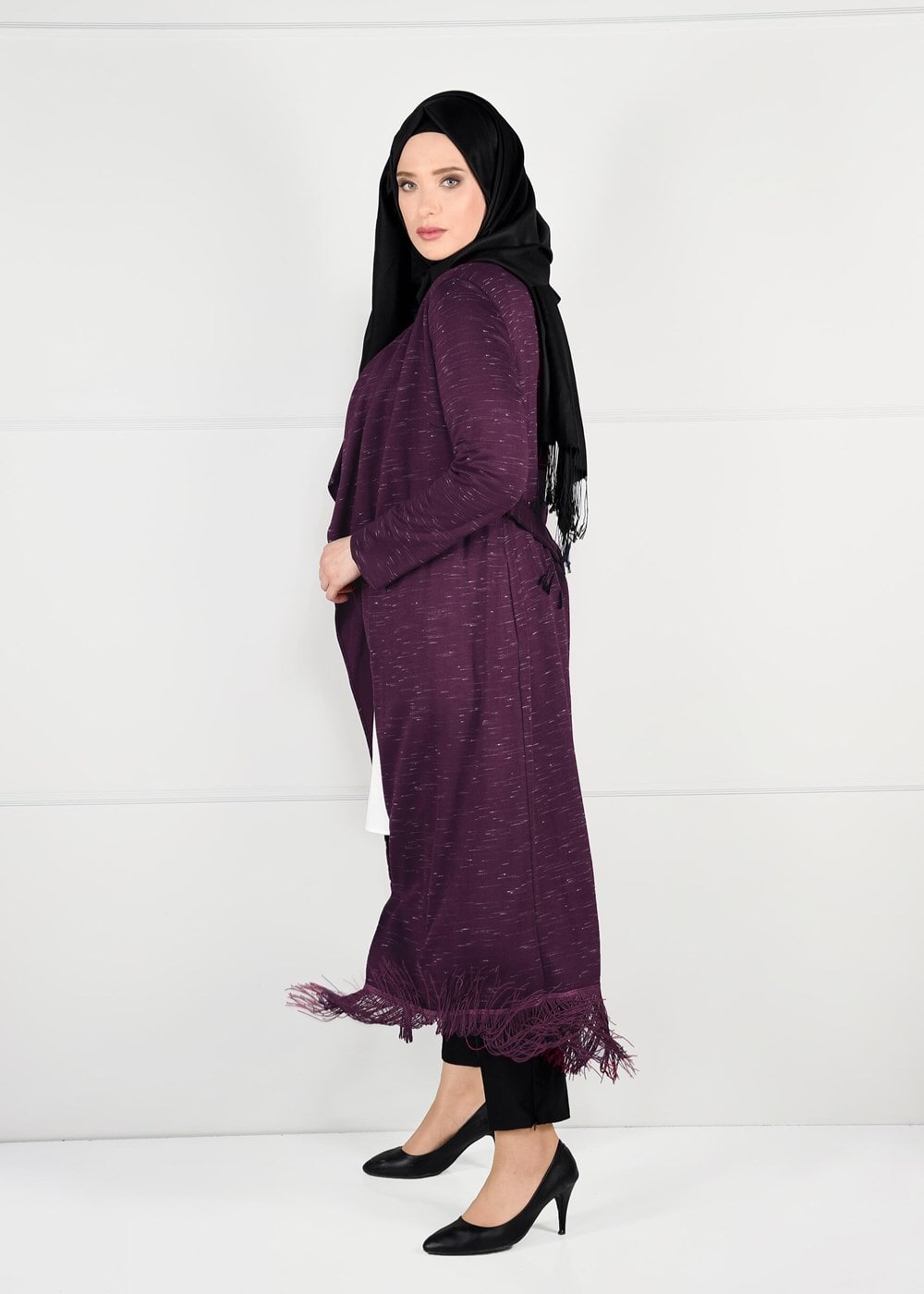 Hijab clothing PURPLE FRINGE DETAIL COMBED COTTON CARDIGAN 2643 