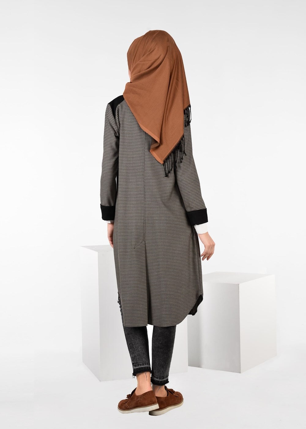 Tesettür giyim KAHVE DESENLİ DÜĞMELİ CEKET 4057 