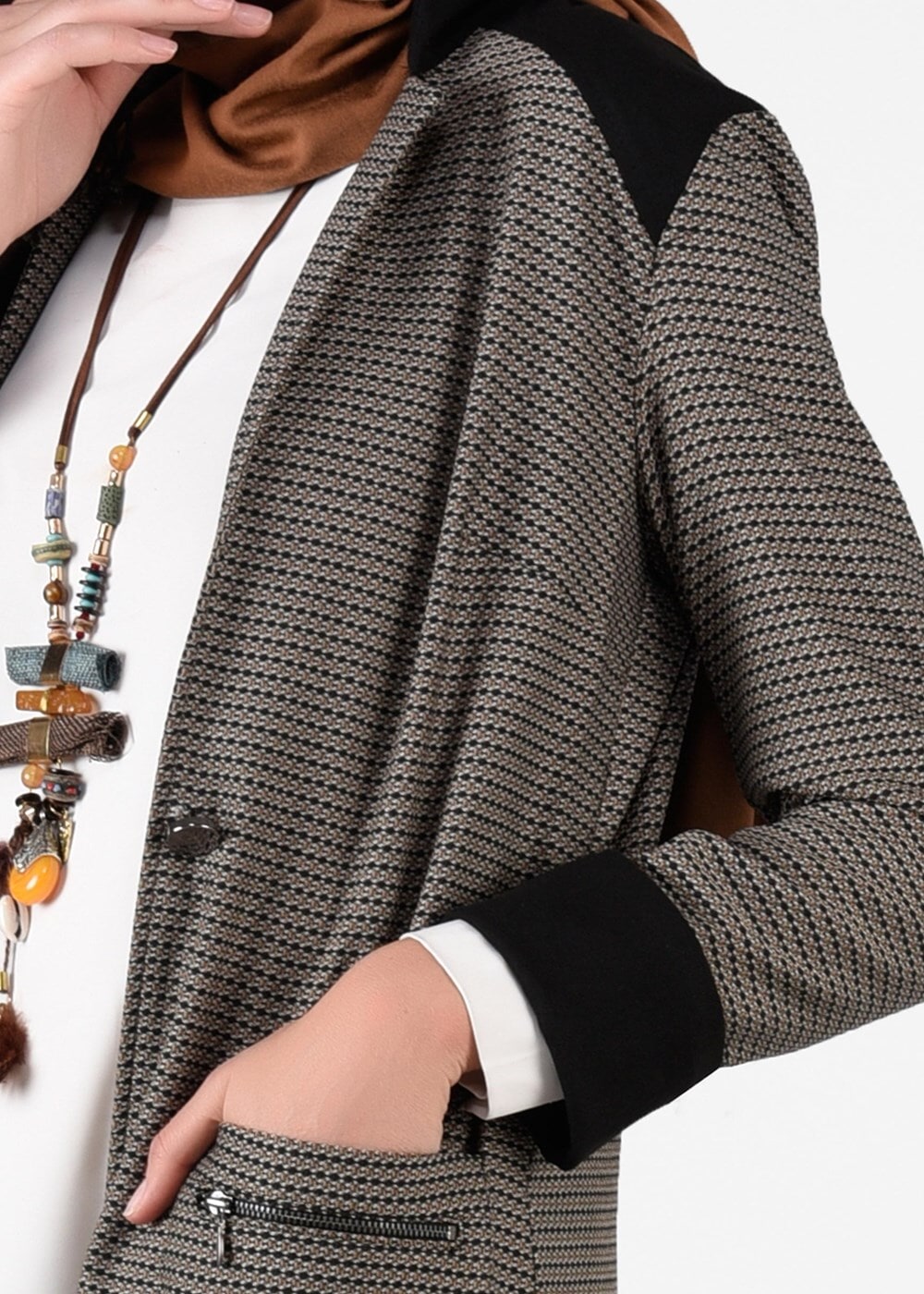 Tesettür giyim KAHVE DESENLİ DÜĞMELİ CEKET 4057 