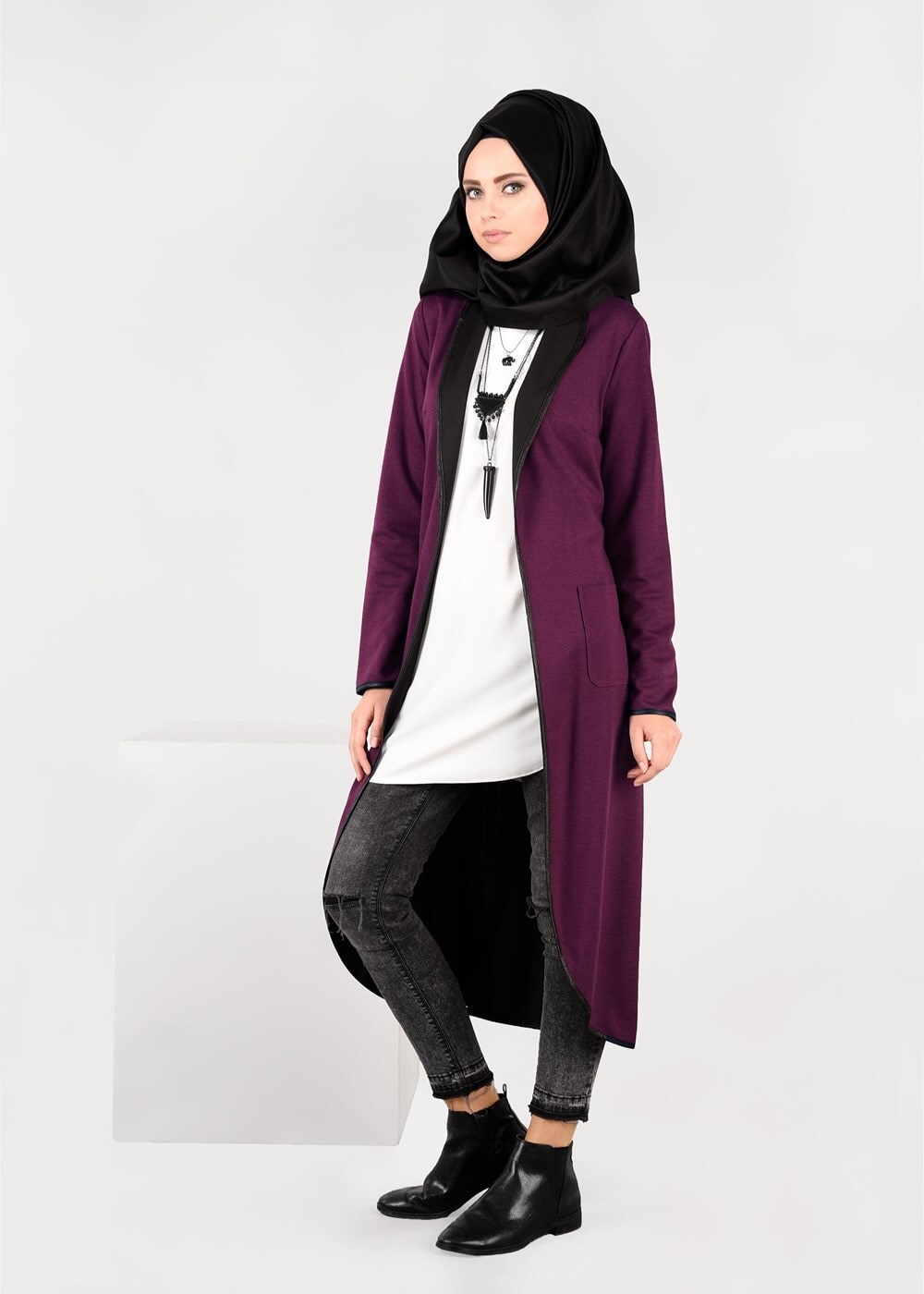 Tesettür giyim FUŞYA OVAL KESİM CEPLİ CEKET 4754 