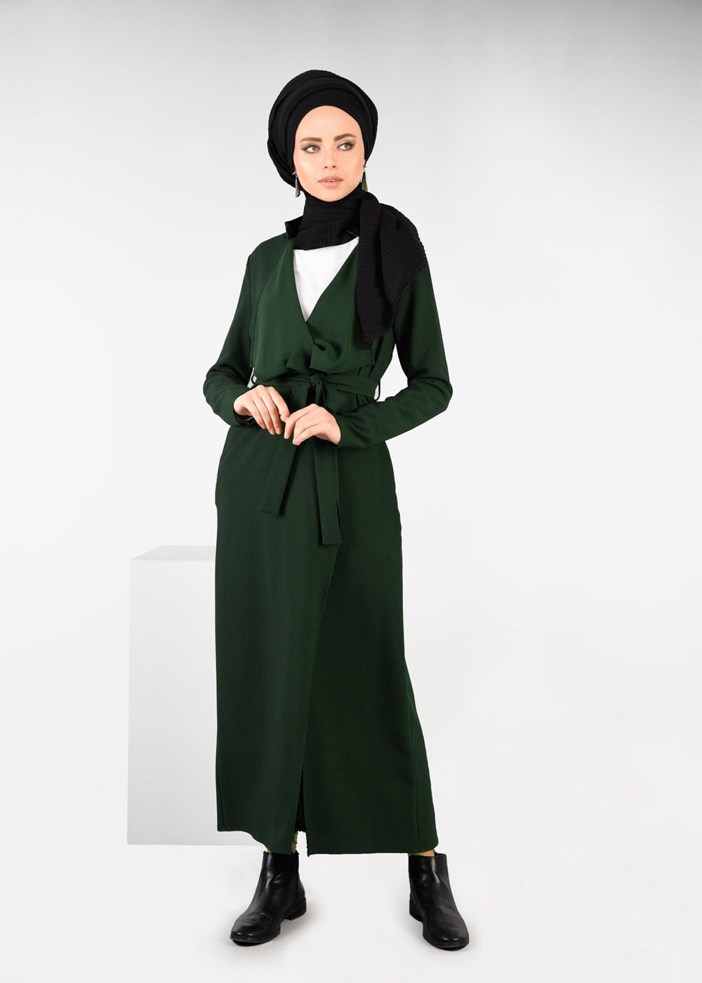 Tesettür giyim HAKİ KUŞAK DETAYLI CEKET 4932 