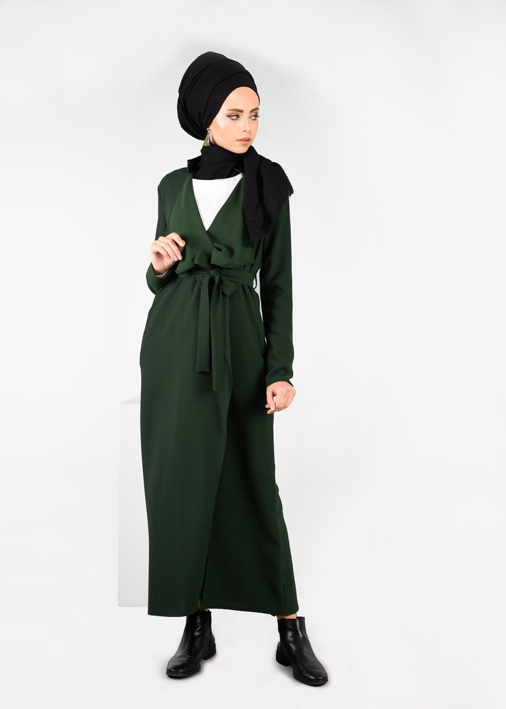 Tesettür giyim HAKİ KUŞAK DETAYLI CEKET 4932 