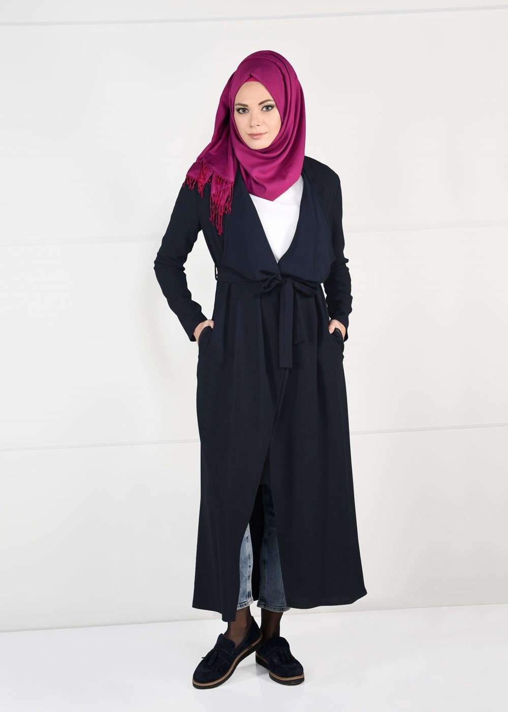 Tesettür giyim LACİVERT KUŞAK DETAYLI CEKET 4932 