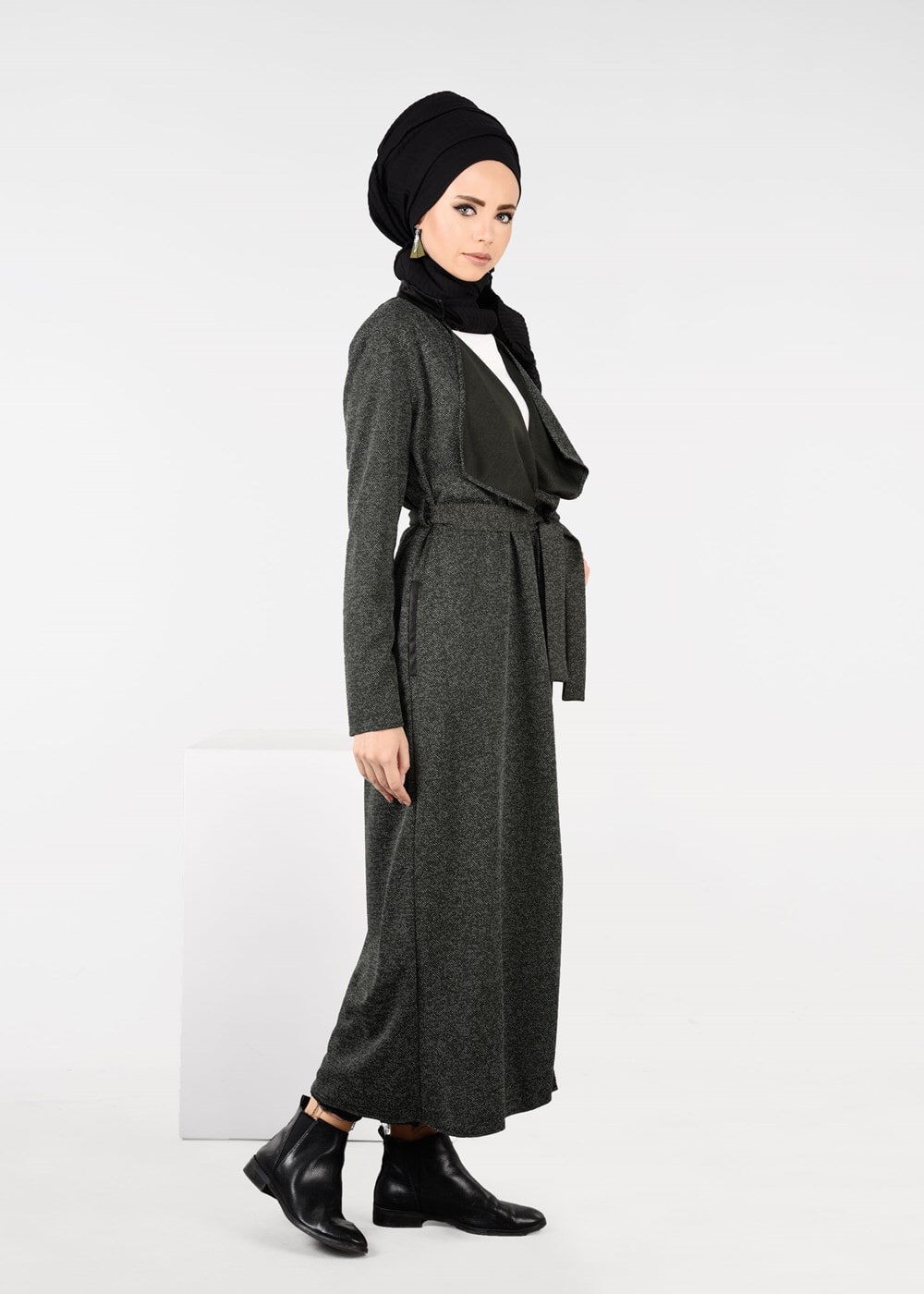 Tesettür giyim HAKİ KUŞAK DETAYLI CEKET 4933 