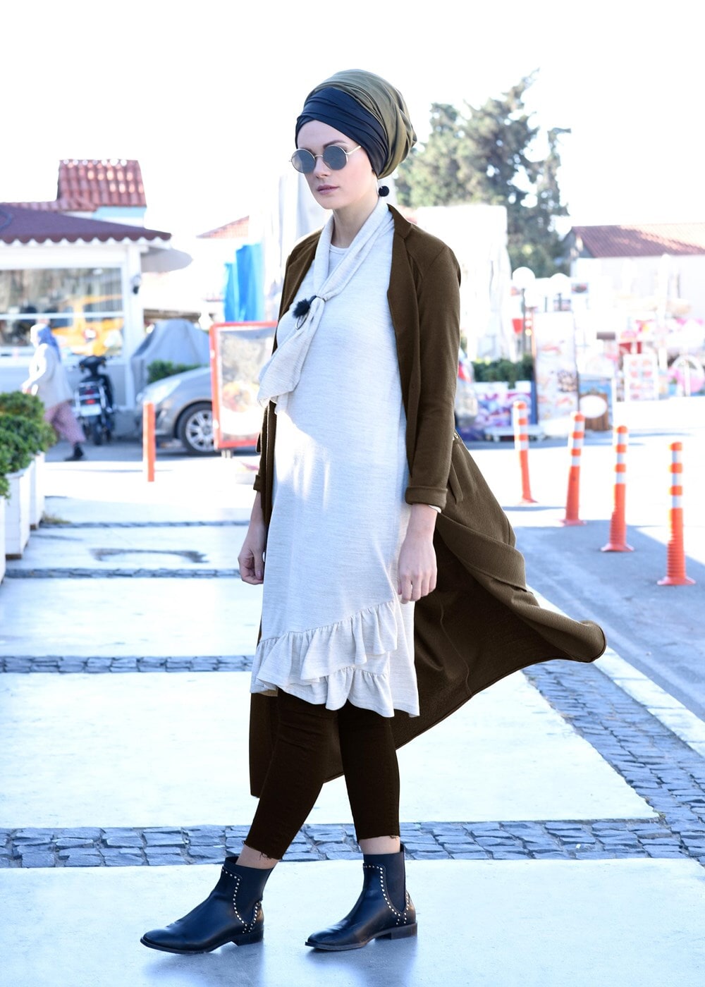 Hijab clothing KHAKI BELTED FELT COAT 4954 