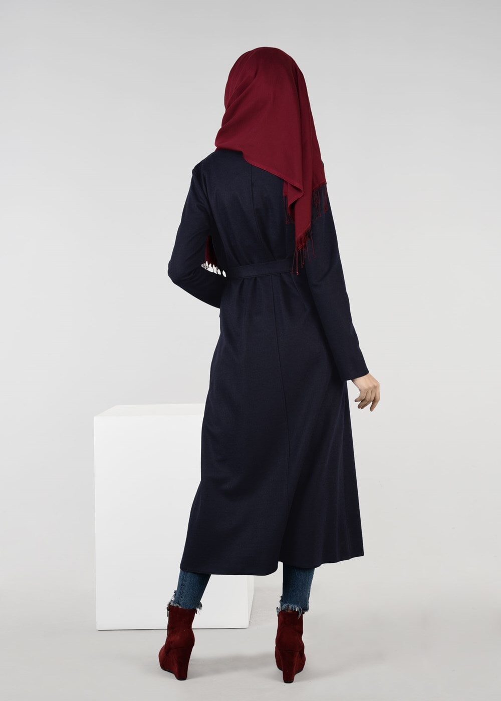 Tesettür giyim LACİVERT BELİ KUŞAKLI KEÇE CEKET 4954 