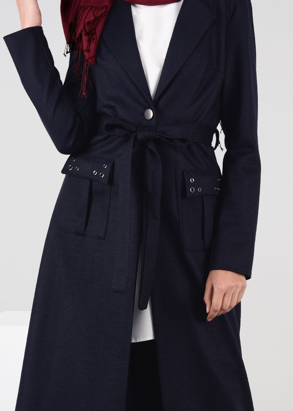 Tesettür giyim LACİVERT BELİ KUŞAKLI KEÇE CEKET 4954 