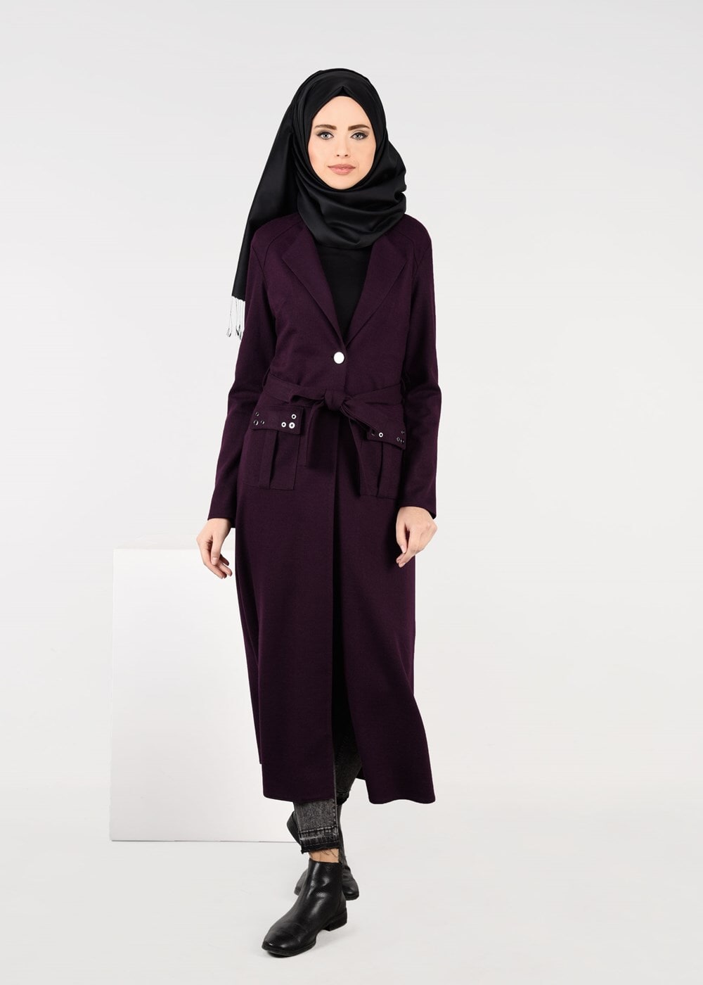 Tesettür giyim MÜRDÜM BELİ KUŞAKLI KEÇE CEKET 4954 
