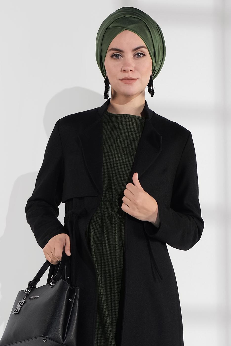 Tesettür giyim SİYAH ALVİNA BELİ BAĞCIKLI KEÇE CEKET 4975 