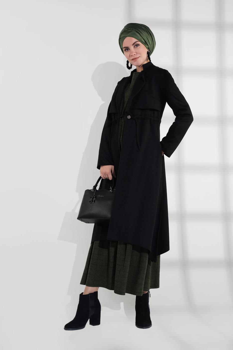 Tesettür giyim SİYAH ALVİNA BELİ BAĞCIKLI KEÇE CEKET 4975 