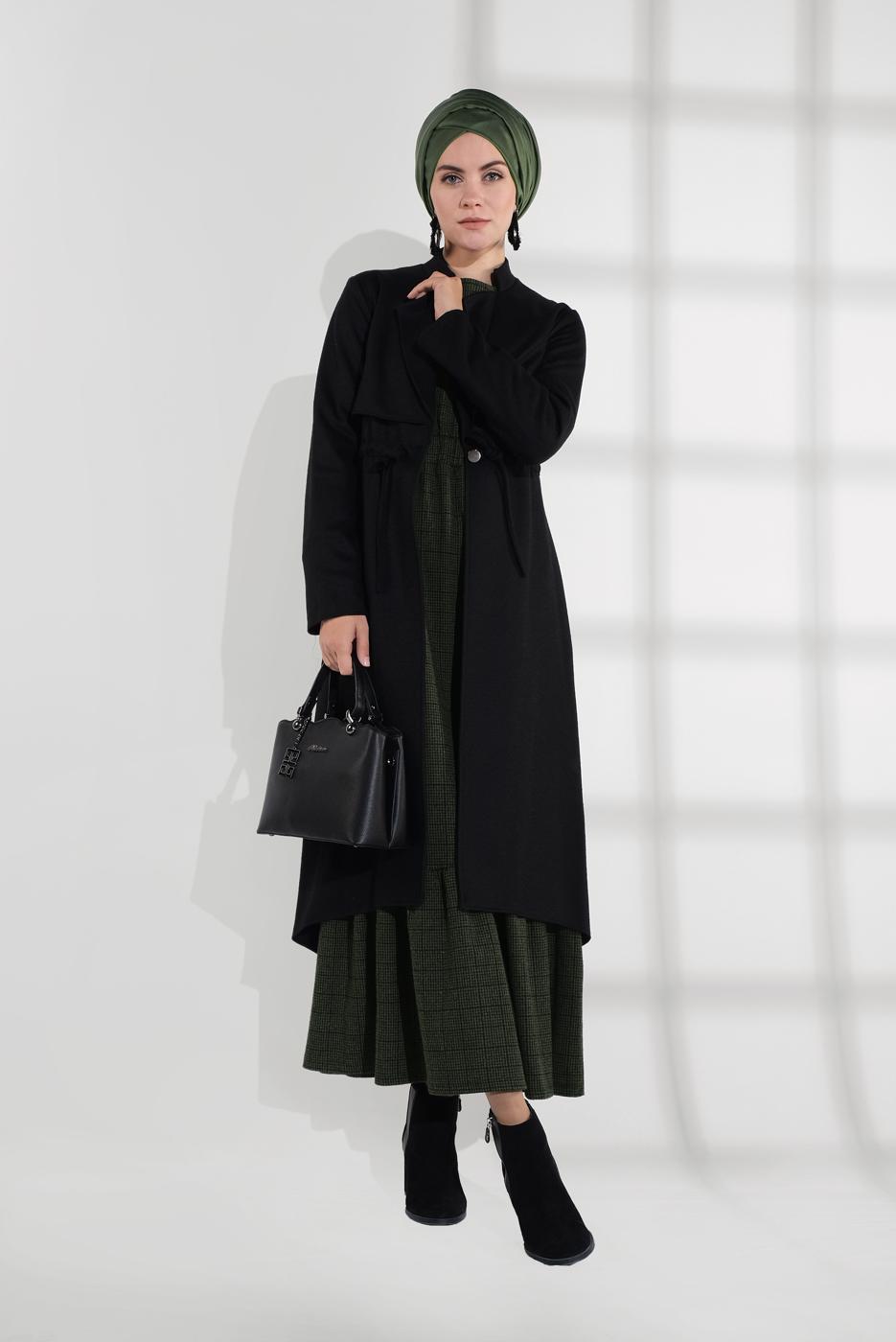 Tesettür giyim SİYAH ALVİNA BELİ BAĞCIKLI KEÇE CEKET 4975 