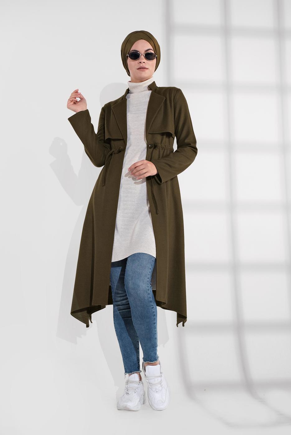 Tesettür giyim HAKİ ALVİNA BELİ BAĞCIKLI KEÇE CEKET 4975 