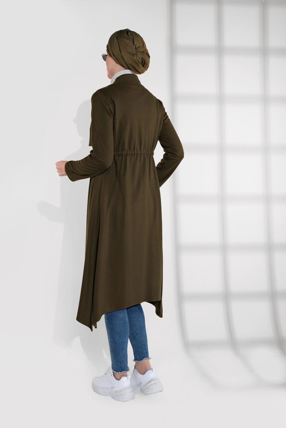 Tesettür giyim HAKİ ALVİNA BELİ BAĞCIKLI KEÇE CEKET 4975 