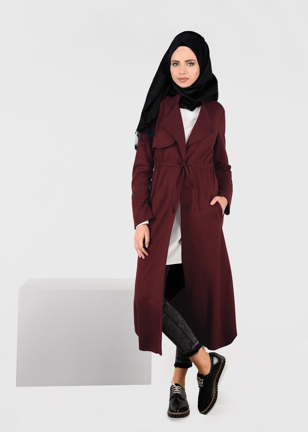 Tesettür giyim BORDO BELİ BAĞCIKLI CEPLİ HIRKA 4976