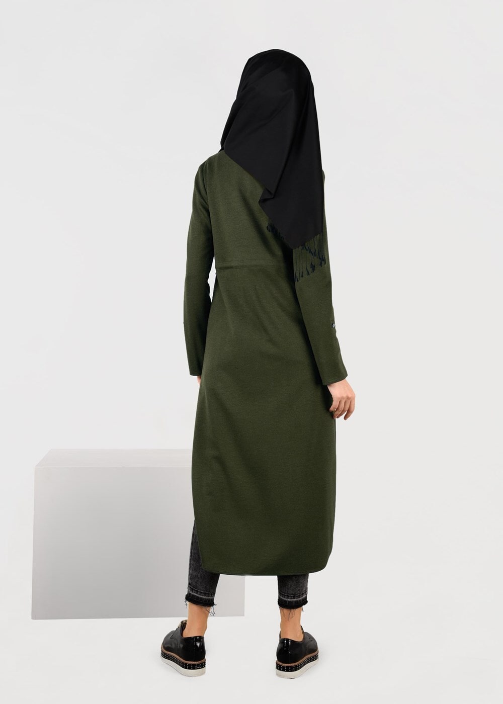 Tesettür giyim HAKİ BELİ BAĞCIKLI CEPLİ HIRKA 4976