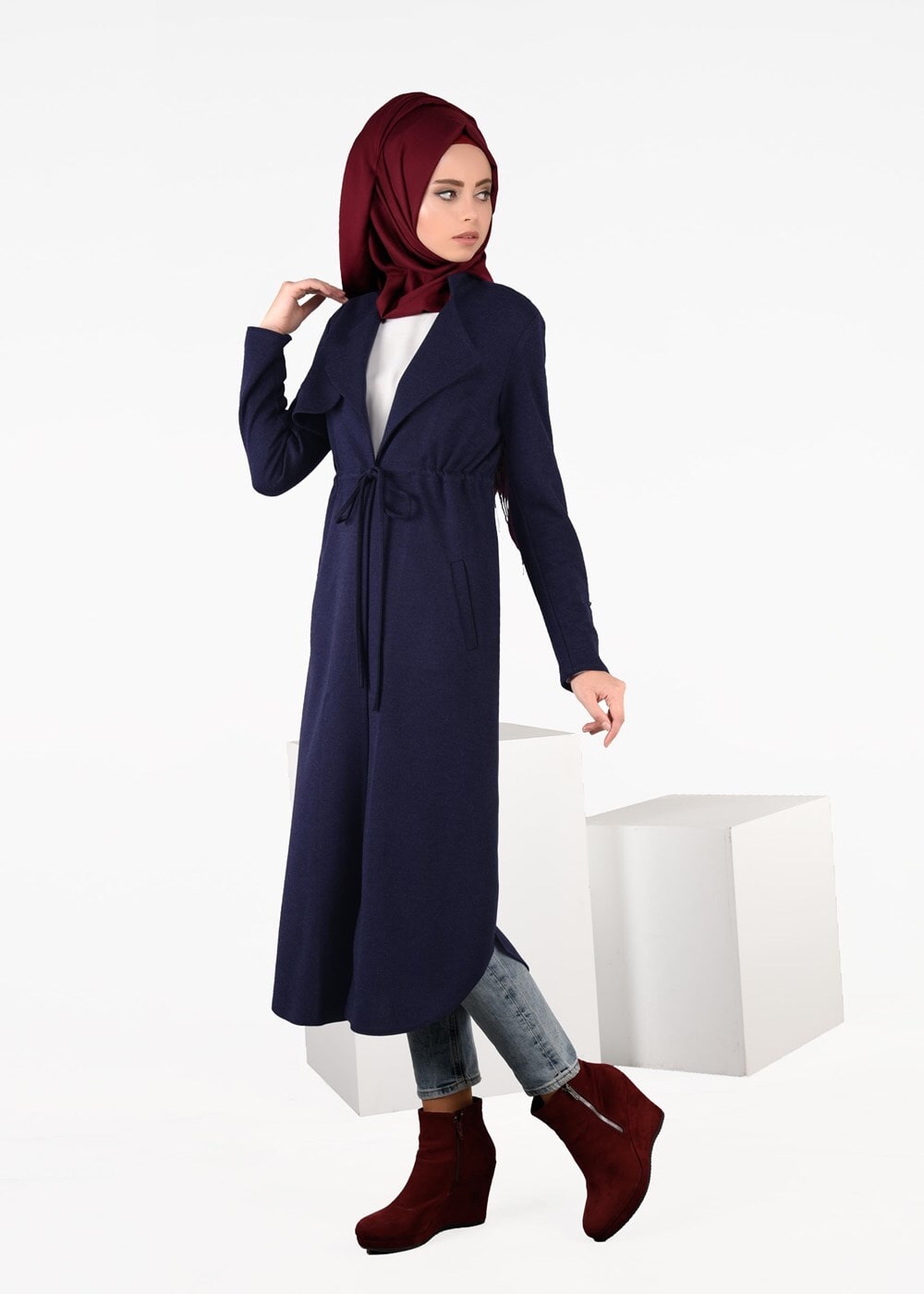 Tesettür giyim LACİVERT BELİ BAĞCIKLI CEPLİ HIRKA 4976