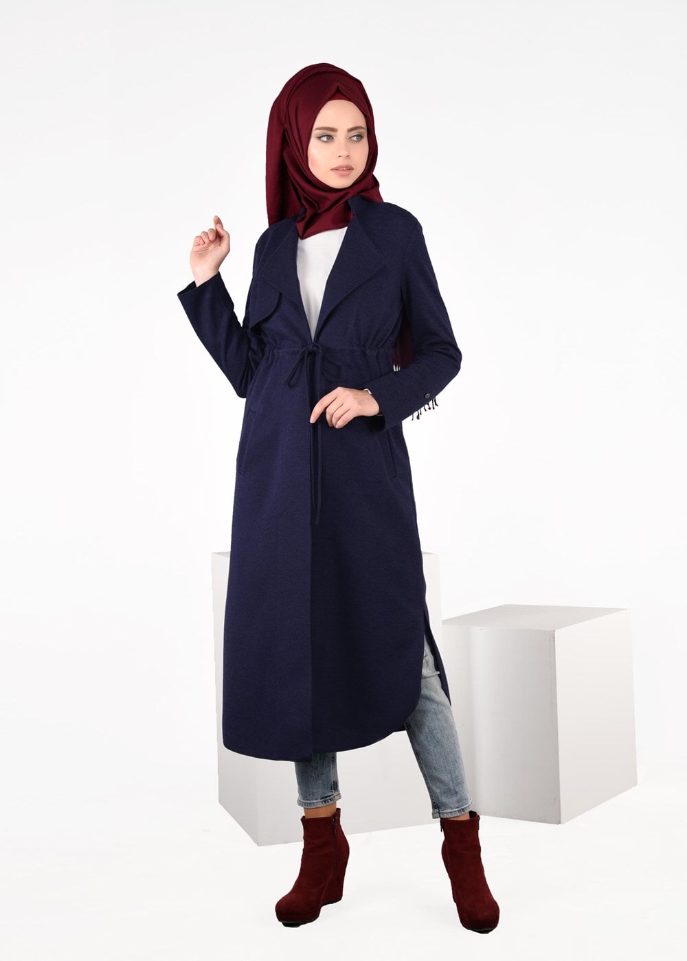 Tesettür giyim LACİVERT BELİ BAĞCIKLI CEPLİ HIRKA 4976