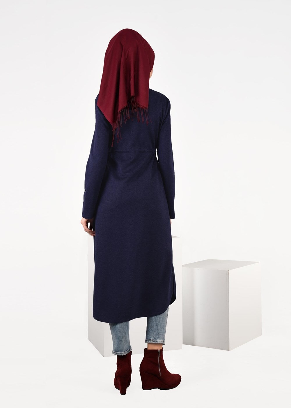 Tesettür giyim LACİVERT BELİ BAĞCIKLI CEPLİ HIRKA 4976