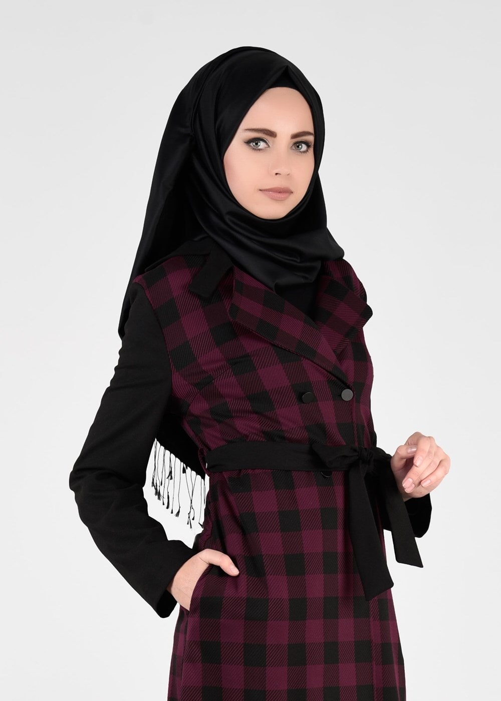 Tesettür giyim BORDO EKOSE KRUVAZE CEKET 4994
