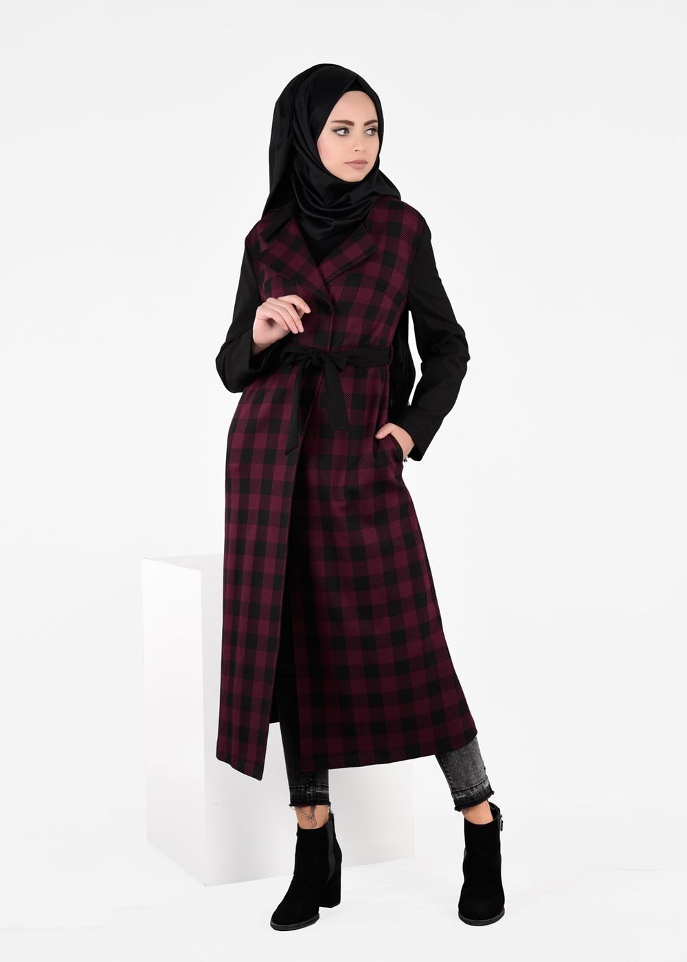 Tesettür giyim BORDO EKOSE KRUVAZE CEKET 4994