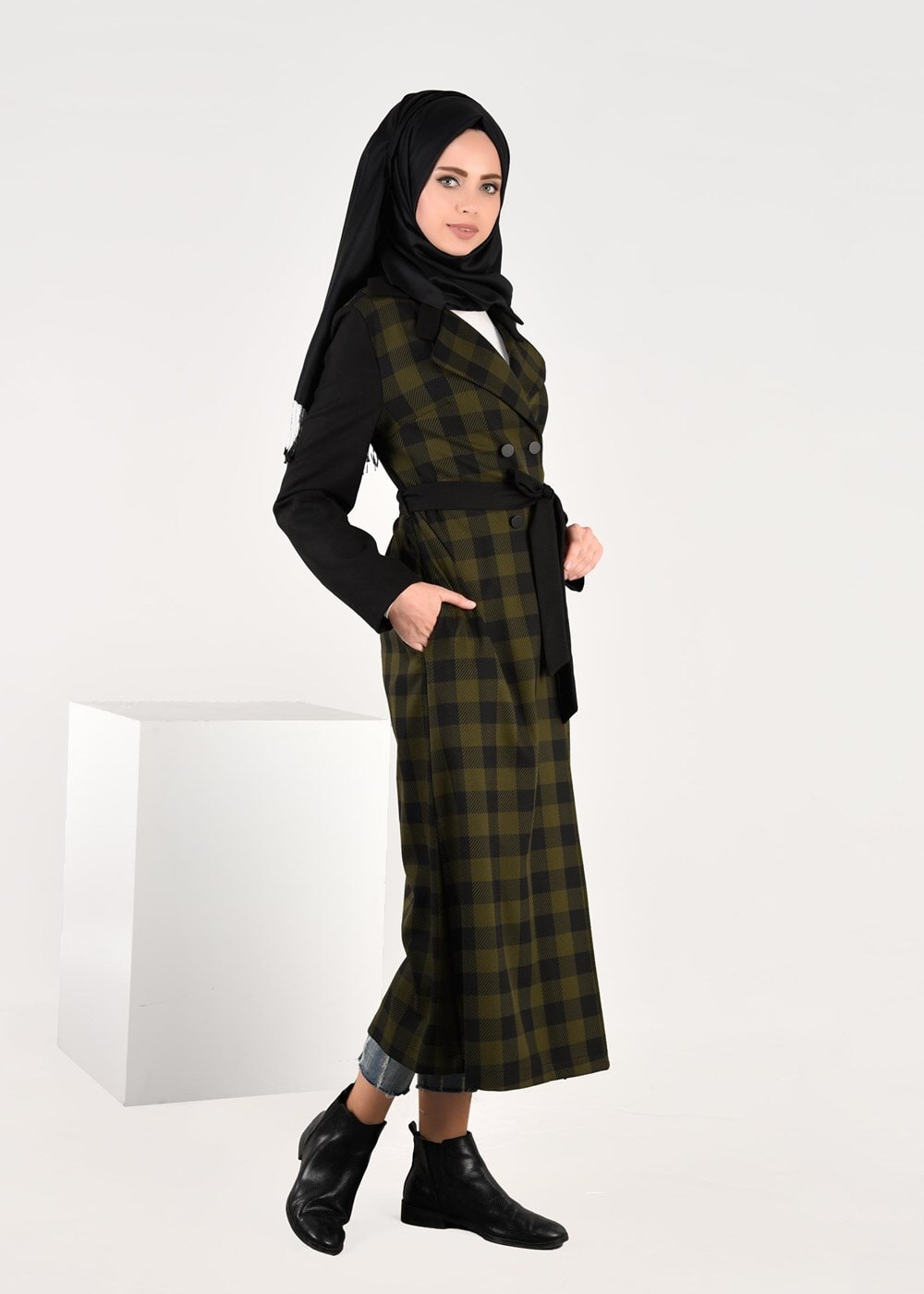 Tesettür giyim HAKİ EKOSE KRUVAZE CEKET 4994