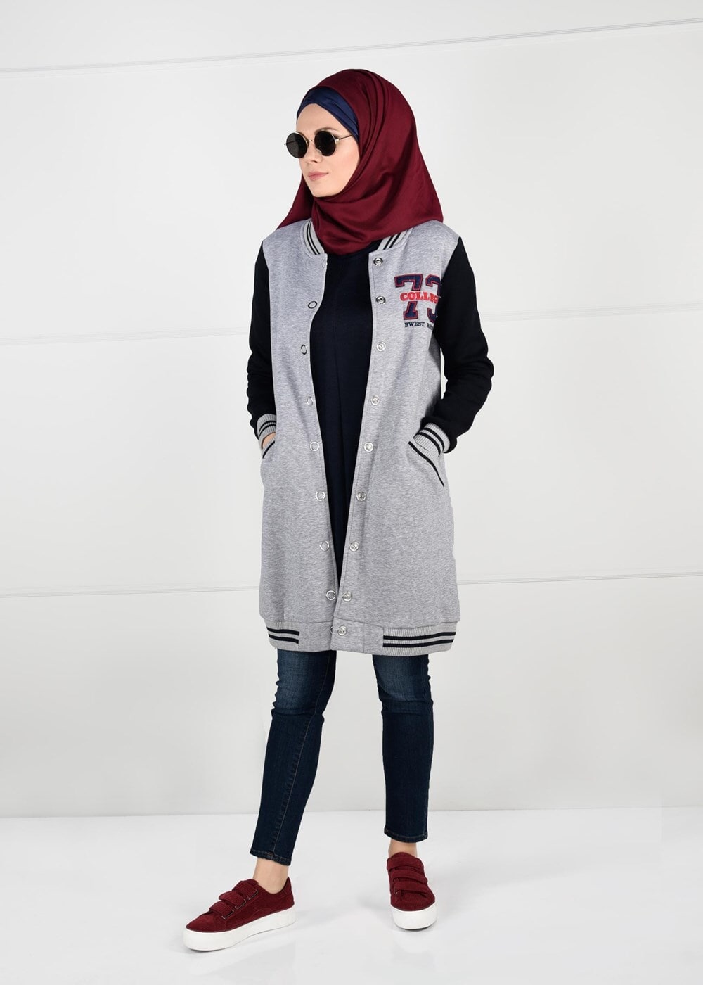 Tesettür giyim GRİ ARMA DETAYLI RİBANALI KOLEJ CEKET 9221 