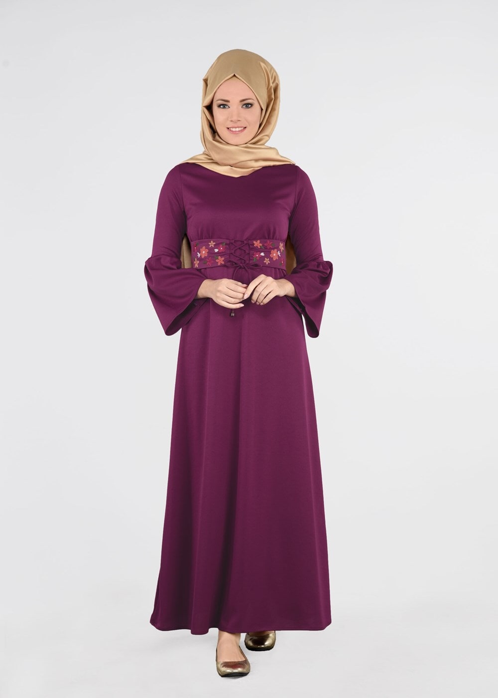 Tesettür giyim MOR İSPANYOL KOL KUŞAKLI ELBİSE  0583 