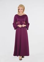 Tesettür giyim MOR İSPANYOL KOL KUŞAKLI ELBİSE  0583 