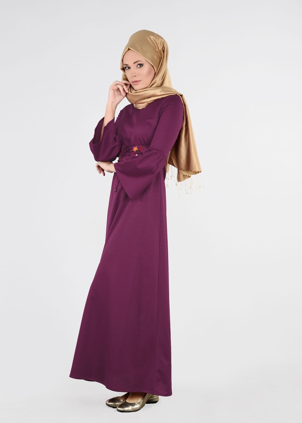 Tesettür giyim MOR İSPANYOL KOL KUŞAKLI ELBİSE  0583 